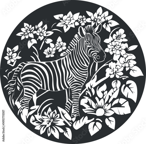 Black and white circular illustration of a zebra surrounded by various flowers and leaves in a decorative floral design