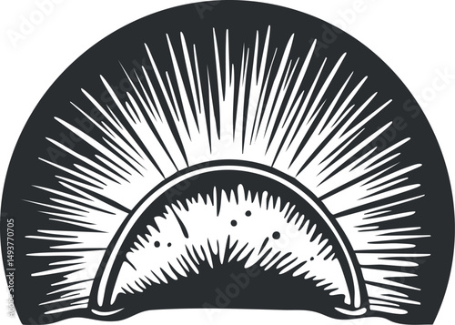 Vector illustration of a stylized sunrise with radiant sun rays spreading from the horizon.