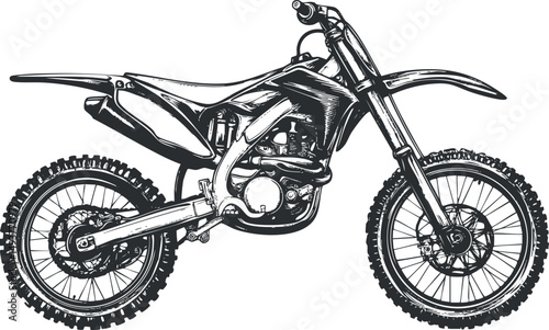Black and white sketch of a dirtbike motorcycle designed for offroad motocross racing and adventure