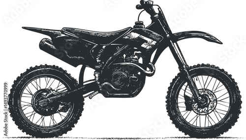 Detailed black and white illustration of a dirtbike motorcycle side view with offroad tires and handlebars