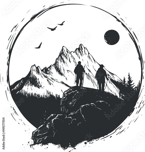 Silhouette of two hikers standing on a rocky peak with mountains, birds, and sun in the background
