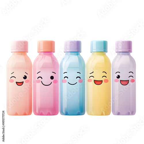 A water bottle tracker with pastel progress faces from tired to joyful, hydration + mood visual, isolated on transparent background