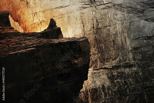Shadowy rock formations create a dramatic, textured landscape bathed in warm light, hinting at ancient history. photo