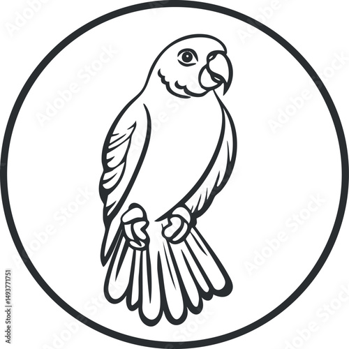 Black and white line drawing of a parrot bird inside a circle outline, simple illustration