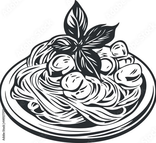 Black and white illustration of a plate of spaghetti pasta garnished with basil leaves on white background