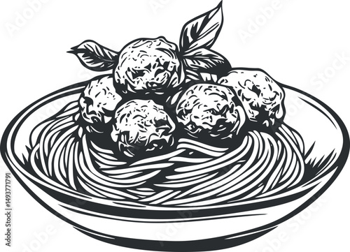 Black and white illustration of a plate of spaghetti with meatballs and basil leaves on top