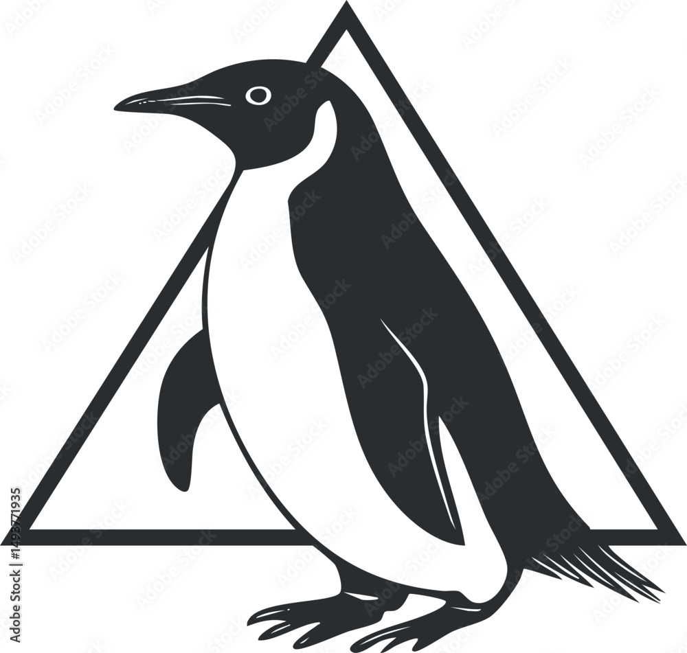 Obraz premium Black and white stylized illustration of a standing penguin in front of a triangle shape background