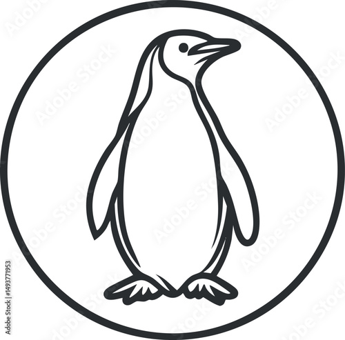 Black and white line art illustration of a standing penguin inside a circular frame, simple and minimalist design.