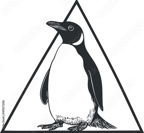 Black and white illustration of a penguin standing inside a triangle shape, simple and minimalist design.