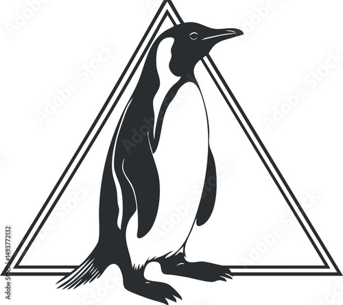 Black and white illustration of a penguin standing with a geometric triangle background design