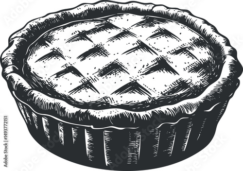 Hand-drawn vintage style illustration of a baked pie with a lattice crust top in a round dish
