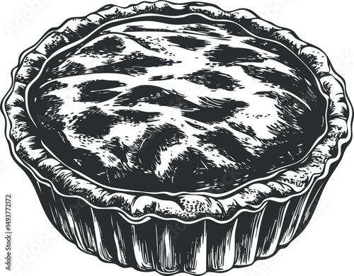 Black and white vintage illustration of a whole baked pie with a flaky crust, perfect for dessert or snack.