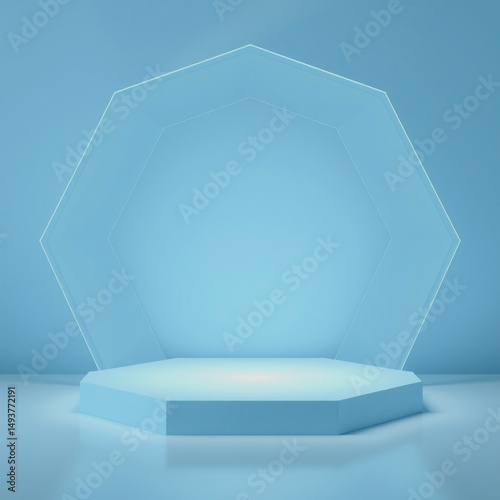 Minimalist blue geometric podium displaying product presentation against light blue background