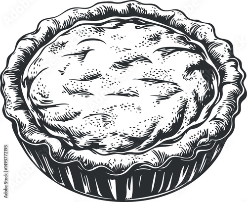 Black and white detailed illustration of a baked round pie with a flaky crust and textured top