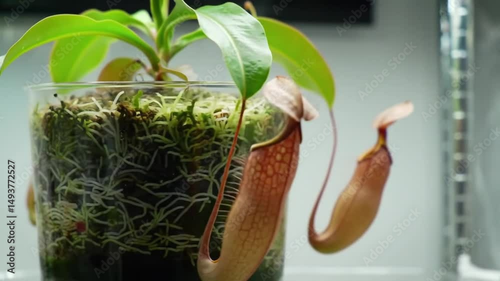 Exotic Nepenthes Plant Carnivorous Plant Growing Indoors Close Up Shot