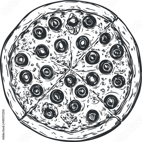 Black and white hand-drawn illustration of a pepperoni pizza with multiple slices and toppings