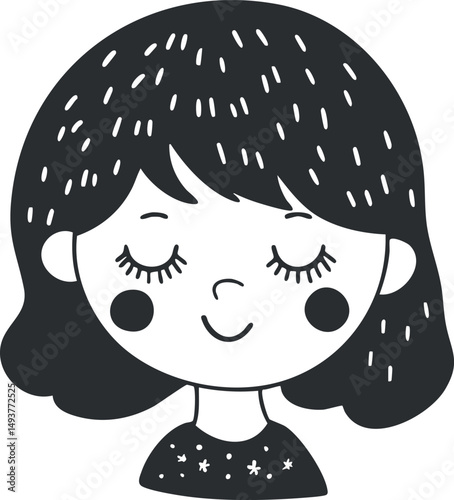 Illustration of a cute cartoon girl with closed eyes and a smiling face in black and white style