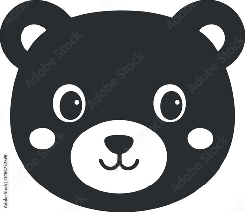 Cute cartoon bear face illustration in black and white with friendly expression and round features