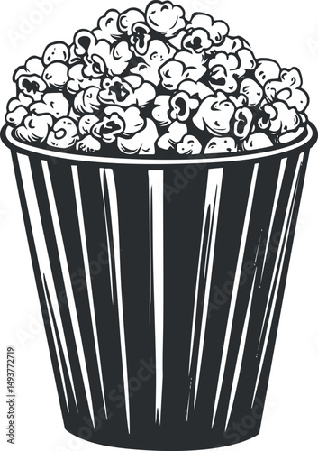 Black and white illustration of a bucket filled with popcorn snack isolated on white background.