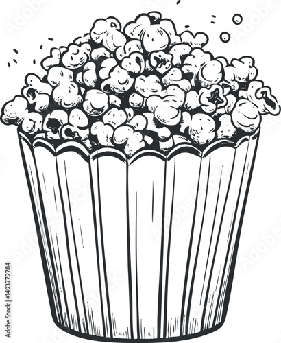 Black and white illustration of a container filled with popcorn kernels, perfect snack for movies or parties