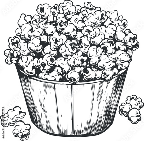 Black and white hand drawn illustration of a bucket filled with popcorn snack for movie or theater enjoyment