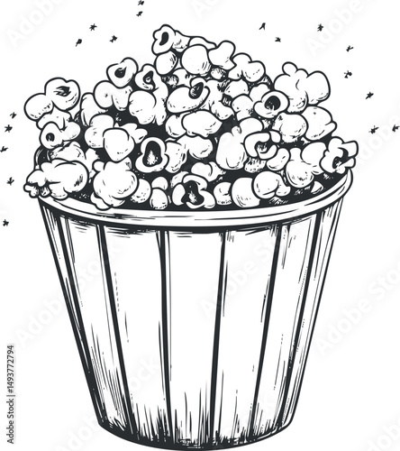 Black and white handdrawn illustration of a popcorn bucket filled with popcorn kernels for movie or snack time