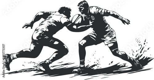 Black and white illustration of two rugby players in action during a competitive match with one tackling the other holding the ball
