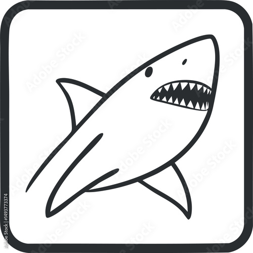 Black and white cartoon shark illustration with sharp teeth in a framed square icon