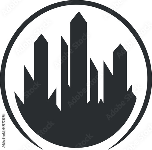 Black and white circular city skyline icon featuring skyscrapers and urban buildings silhouette