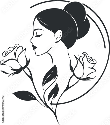 Elegant black and white illustration of a woman's profile with roses and floral elements symbolizing beauty and nature
