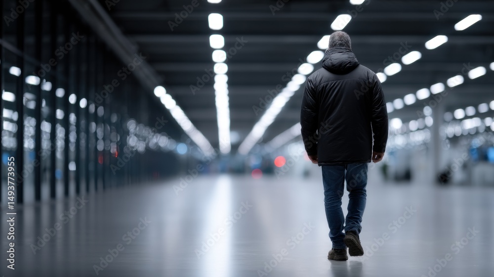 Fototapeta premium man in a dark jacket walks away down a spacious, vacant corridor. bright lights above cast long shadows on the smooth floor in a contemporary indoor space, creating a serene atmosphere