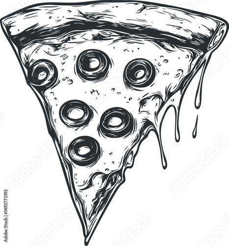 Black and white hand drawn illustration of a slice of pepperoni pizza with melting cheese and crispy crust