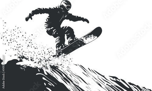 Silhouette of a snowboarder performing a jump on a snowy mountain slope in winter sports.
