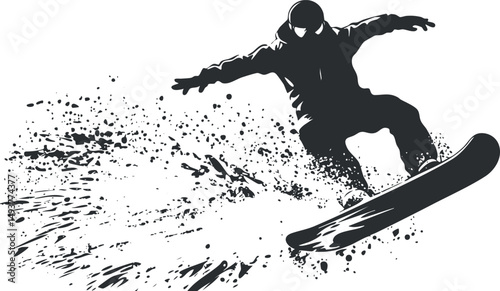 Silhouette of a snowboarder performing a jump with snow spray in a dynamic winter sports scene