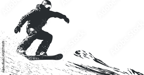 Black and white silhouette of a snowboarder jumping on a snowy mountain slope in winter sports action