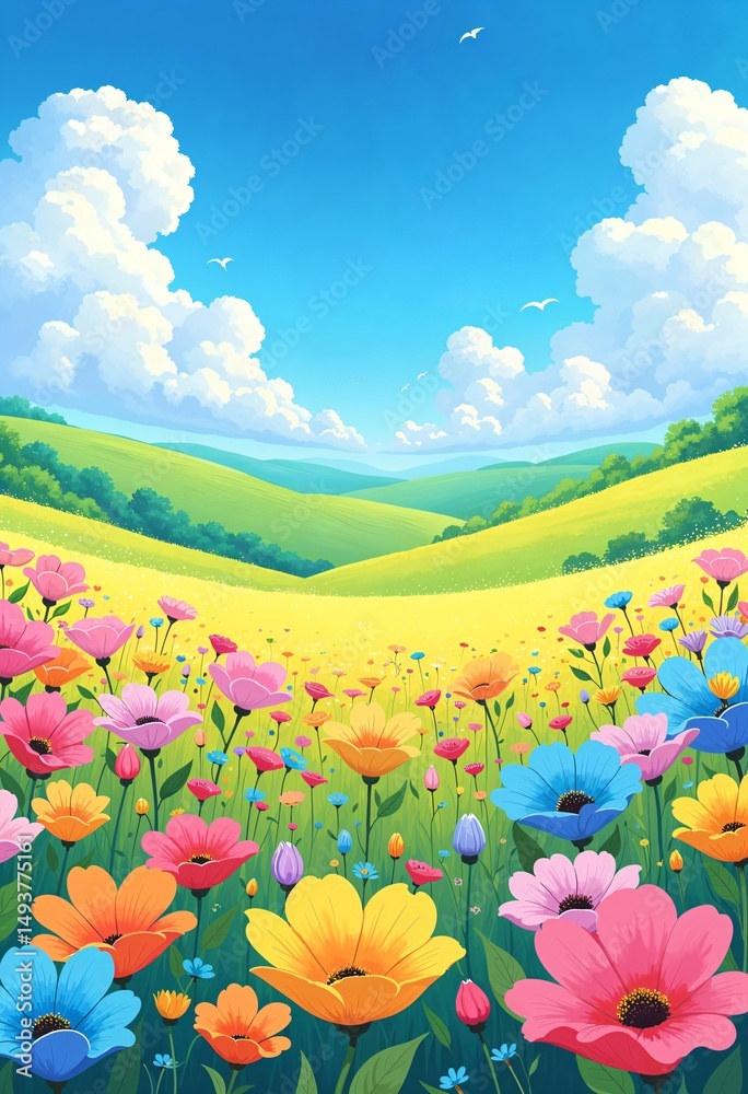 Fototapeta premium Colorful flower meadow with vibrant blooms among green hills and clouds in sky. Beautiful spring or summer landscape concept for travel and backdrop.