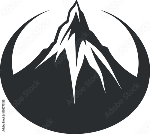 Black and white graphic illustration of a mountain peak with snow in a circular frame