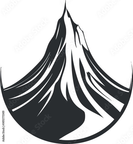 Black and white stylized illustration of a mountain peak with snow highlights and sharp ridges