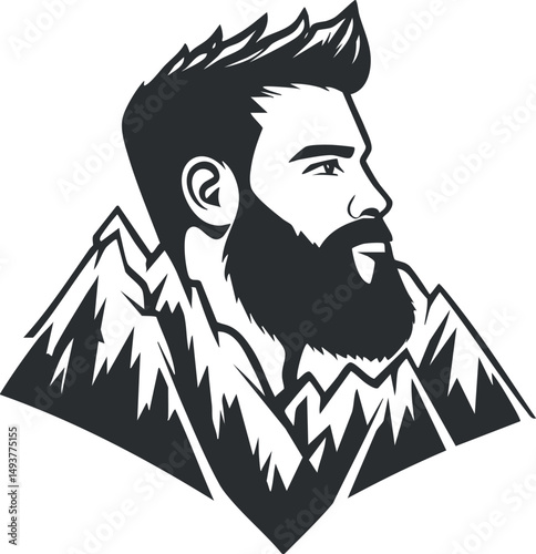 Stylized black and white profile illustration of a bearded man with mountains in the background symbolizing adventure and nature.
