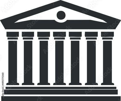 Black and white icon of a classical building with columns and a triangular pediment symbolizing ancient architecture or government institution