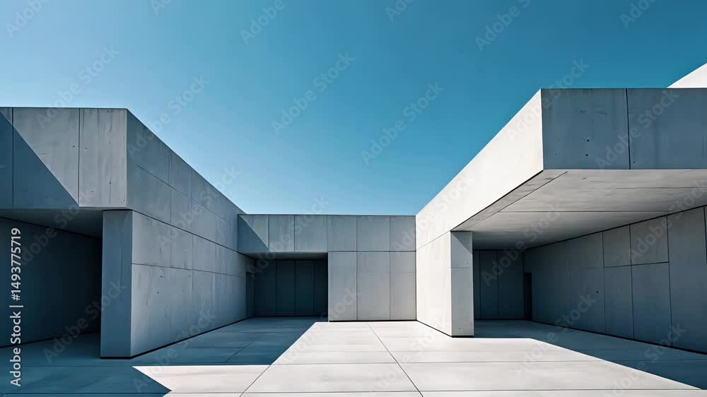 Minimalist concrete architecture under clear blue sky featuring geometric forms and sharp angular shadows