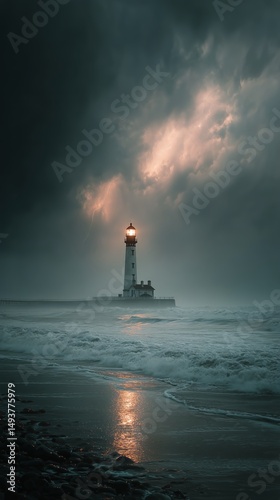 Mysterious Lighthouse Stands Against Stormy Skies Near the Shoreline at Twilight