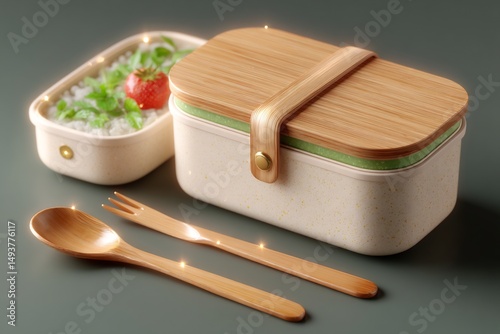 Sustainable Bento Box with Rice, Herbs and Strawberry