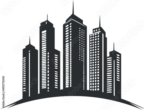 Black and white silhouette of a city skyline with multiple skyscrapers and urban buildings on a curved base
