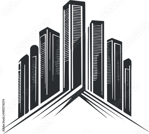 Abstract black and white vector illustration of a cluster of modern skyscraper buildings in a city skyline