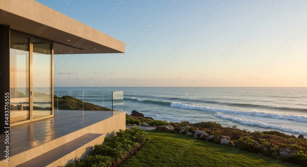 Coastal Haven: Sunrise Serenity - Modern architecture, ocean view, tranquil sunrise, open terrace, coastal living. Symbolizing peace, luxury, escape, serenity, and beauty Coastal Haven: Sunrise Serenity - Modern architecture, ocean view, tranquil sunrise, open terrace, coastal living. Symbolizing peace, luxury, escape, serenity, and beauty