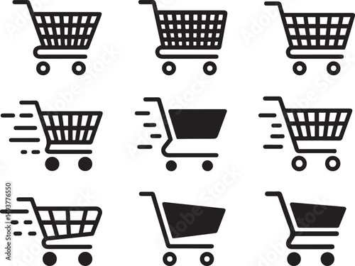 A set of shopping cart icons in various styles. Black vector icons isolated on white background.