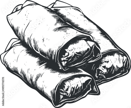 Hand drawn black and white illustration of three burrito wraps stacked together showcasing Mexican cuisine