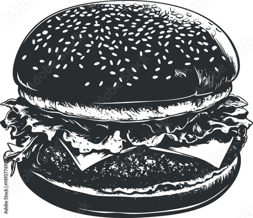 Black and white hand drawn illustration of a classic hamburger with sesame bun lettuce cheese and beef patty