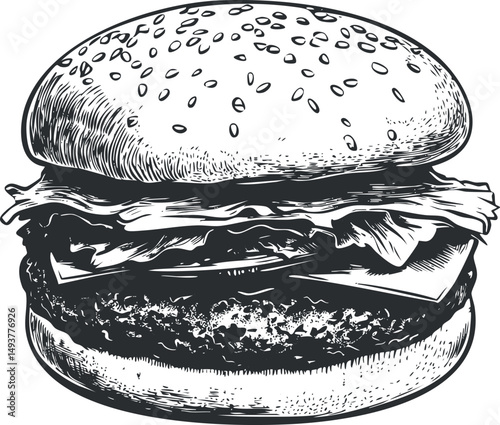 Black and white detailed illustration of a classic hamburger with lettuce and cheese in a sesame bun